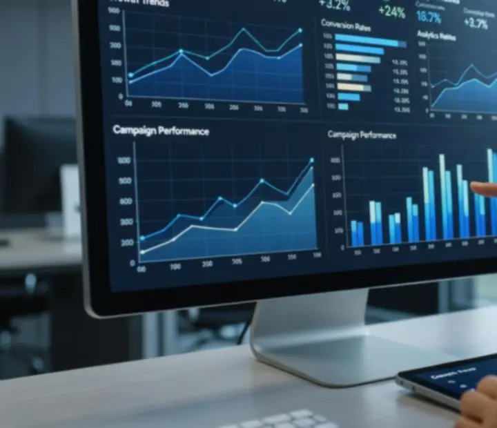 Digitálny marketingový dashboard zobrazujúci výsledky kampaní, konverzie a KPI