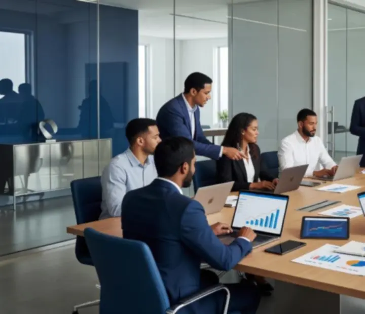 Moderné marketingové pracovisko s tímom špecialistov a analytickými dashboardmi