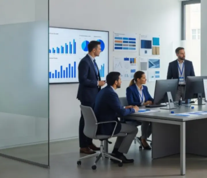 Moderný výskumný tím pracujúci v kancelárii s analytickými dashboardmi a kreatívnymi podkladmi